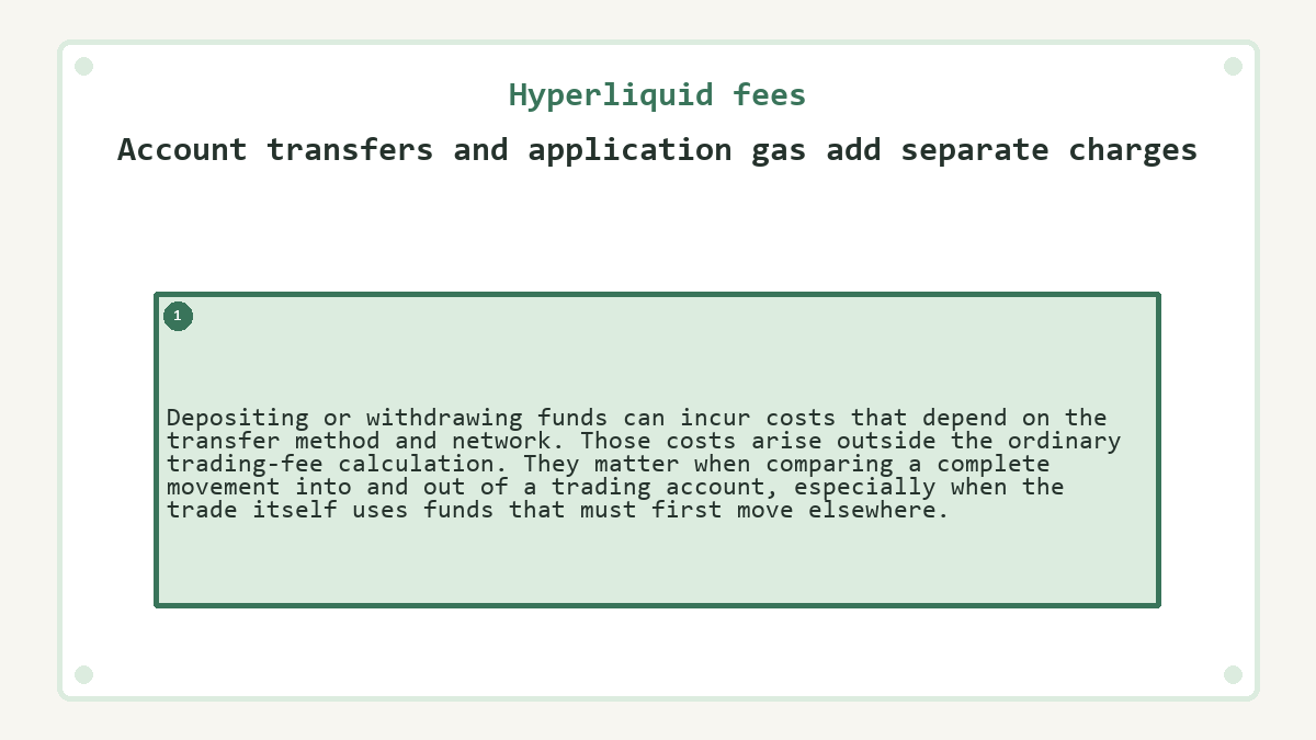 Account transfers and application gas add separate charges: Depositing or withdrawing funds can incur costs that depend on the transfer method and network. Those costs arise outside the ordinary trading-fee calculation. They matter when comparing a complete movement into and out of a trading account, especially when the trade itself uses funds that must first move elsewhere.