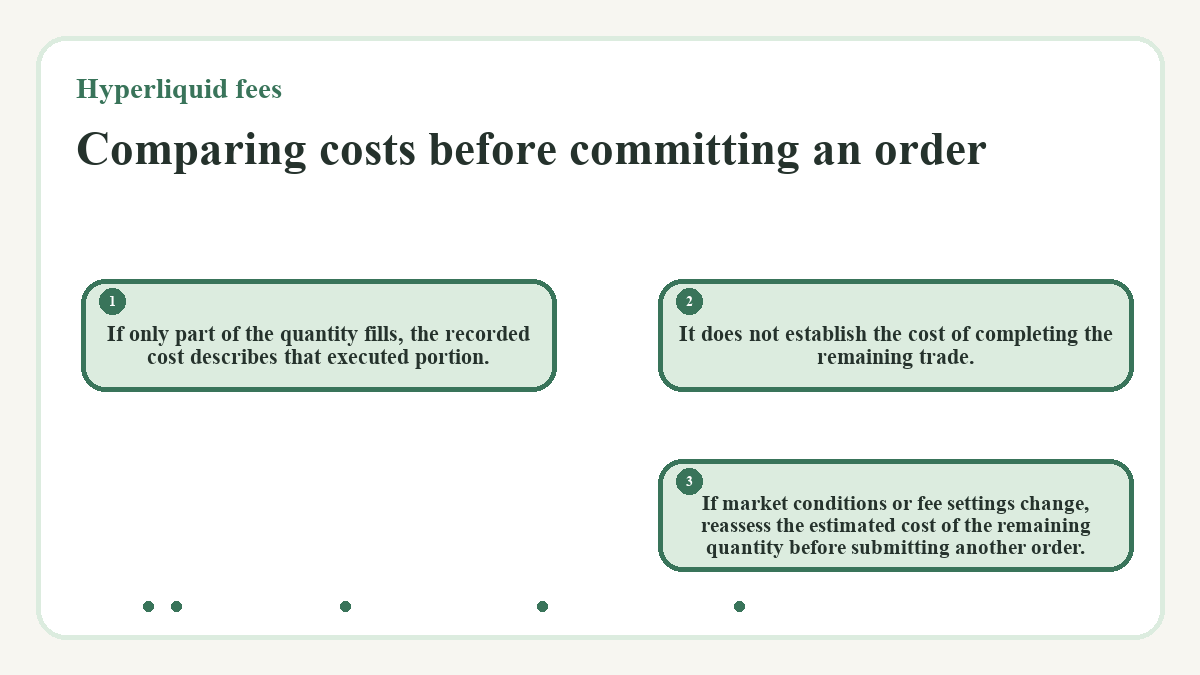 Comparing costs before committing an order: If only part of the quantity fills, the recorded cost describes that executed portion.; It does not establish the cost of completing the remaining trade.; If market conditions or fee settings change, reassess the estimated cost of the remaining quantity before submitting another order.
